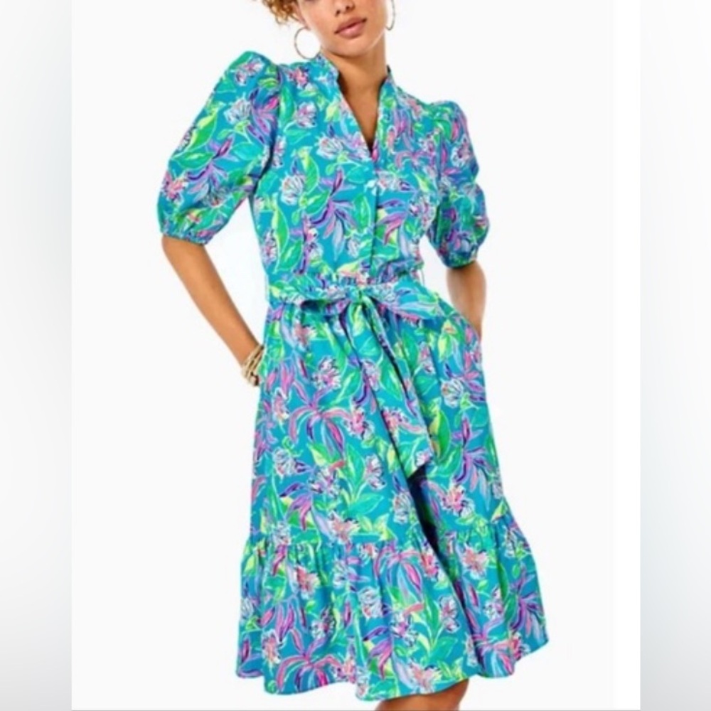 Lily Pulitzer Shona Knee Length Stretch Formentera Turquoise Shirtdress